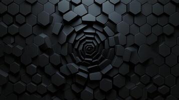 A black tunnel made of hexagonal tiles, creating a sense of depth and abstraction, ideal for futuristic or technological backgrounds. photo