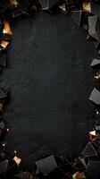Elegant dark background with golden accents and textured surface, framed by rocks, creating a sophisticated border. Luxurious black textured backdrop with sparkling gold crystals and black gemstones photo
