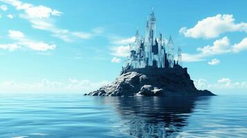 Crystal castle sculpture on coastal rock with turquoise sea back photo