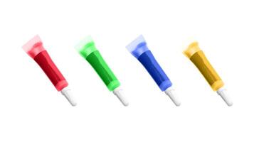 Four small plastic tubes filled with colorful liquid are lined up against a white background. The tubes have a pointed tip for precise application and are sealed at the top photo