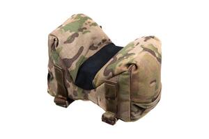 A tactical barricade bag in a camouflage pattern. The bag is designed to provide stability for firearms when shooting from barricades or uneven surfaces.Isolate on white back. photo