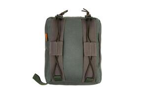 A green tactical barricade bag is isolated on a white. The bag is designed to provide a stable rest for firearms when shooting from elevated or uneven surfaces. photo