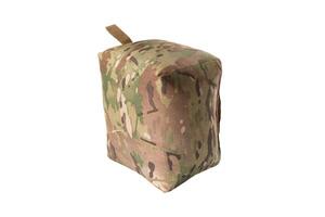 A tactical barricade bag in a camouflage pattern. The bag is designed to provide stability for firearms when shooting from barricades or uneven surfaces.Isolate on white back. photo