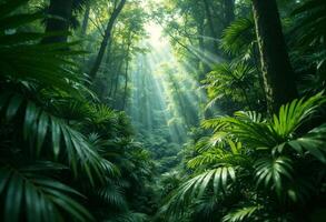 Enchanting Sunlit Tropical Forest, Lush Greenery and Golden Rays Filtering Through Canopy photo