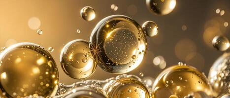 Luxurious Golden Bubbles, Abstract Macro Photography of Shimmering Oil Droplets in Warm Light photo