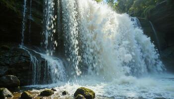 Majestic Waterfall Cascading with Powerful Force through Lush Greenery in Tropical Paradise photo