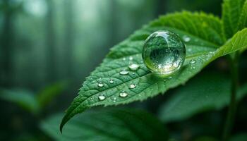 Crystal Clear Droplet Resting on Vibrant Green Leaf, Nature's Delicate Balance in Macro View photo