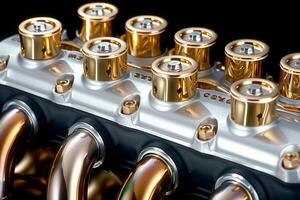 A close up of a car engine with gold and silver parts. The engine is designed to be visually appealing and luxurious, with the gold and silver accents adding a touch of elegance photo