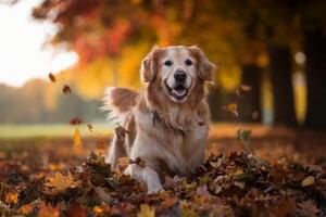 Golden retriever playing in autumn leaves with joy and excitement. photo