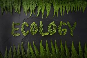 Green ferns spelling out 'Ecology' on a black stone background. photo