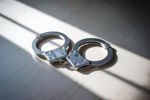 Close-up of metallic handcuffs illuminated by natural sunlight. photo