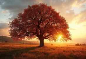Majestic tree in autumn at sunset with a warm, golden glow. photo
