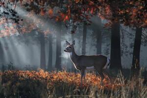 A deer stands in a sunlit autumn forest with misty breath visible in the air. photo