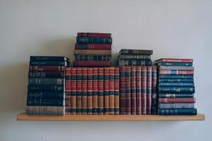 A neatly organized bookshelf filled with assorted hardcover books. photo