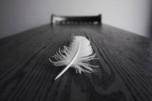 Close-up of a single white feather on a dark wooden table. photo