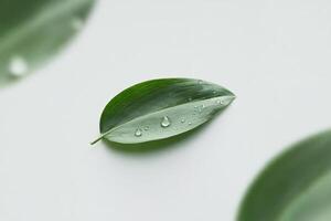 Close-up of a green leaf with water droplets on a white background. photo