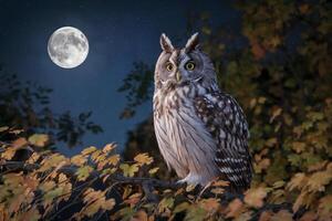 A majestic owl perched on a branch under the full moon. photo