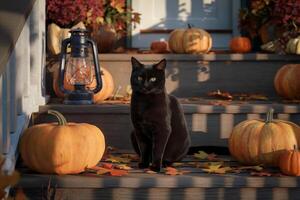 Black cat on porch steps surrounded by pumpkins and autumn leaves. photo