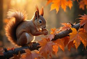 A red squirrel holding a nut on a branch amidst vibrant autumn foliage. photo