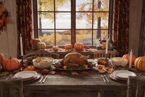 Thanksgiving dinner table set with roasted turkey and autumn decorations. photo