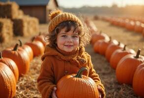 Young child holding a pumpkin in an autumn pumpkin patch, smiling brightly. photo