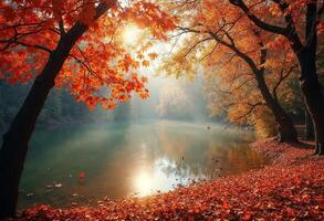 Serene autumn landscape with vibrant trees reflecting in a calm lake. photo