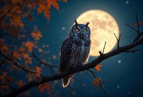 Majestic owl perched on a branch with full moon in the background. photo