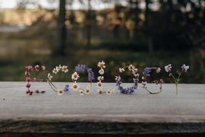 Colorful flowers spelling 'Ecology' on a wooden surface in a natural setting. photo