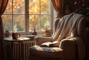 Cozy reading nook with a comfortable chair, blanket, and a steaming hot beverage. photo