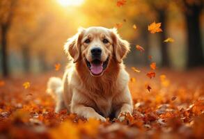 Golden retriever enjoying fallen autumn leaves in a sunlit forest. photo