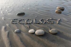 Stones spelling 'Ecology' on a rippled sandy beach at low tide. photo