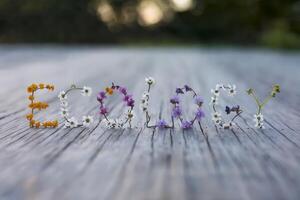 Colorful flowers spelling 'ECOLOGY' on a wooden surface in nature. photo