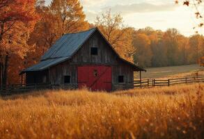 Old rustic barn with red door in a golden autumn countryside setting. photo