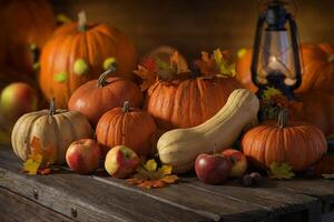 Still life of pumpkins, apples, and autumn leaves on a rustic wooden table. photo