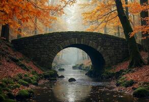 A stone bridge over a serene forest stream in autumn with vibrant fall colors. photo