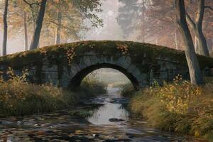 Mossy stone bridge over a calm stream in a misty autumn forest. photo