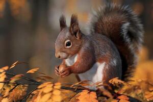 A cute squirrel holding an acorn in a vibrant autumn forest. photo