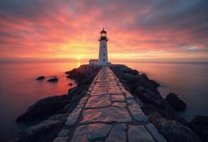 Lighthouse at sunset with vivid orange and pink skies. photo