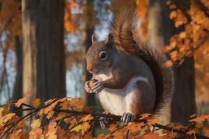 Squirrel holding an acorn on a tree branch in an autumn forest. photo