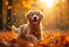 Golden retriever playing in autumn leaves on a sunny day photo