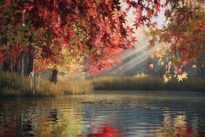 Serene autumn scene with sunlight filtering through colorful foliage over a pond. photo