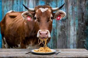 A Swiss cow amusingly eats spaghetti off a plate at a rustic table. photo
