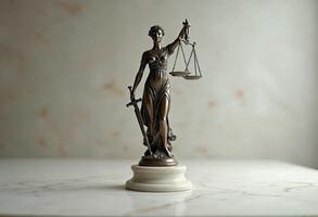 Bronze Lady Justice statue on a marble base, holding scales and a sword. photo