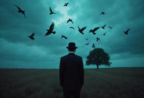 Man in a suit and bowler hat stands in a field under a dramatic sky with birds. photo