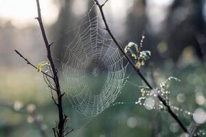 Dew-covered spider web on branches in a serene forest setting. photo