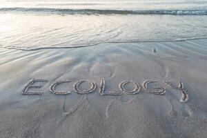 The word 'Ecology' written in the sand by the ocean shore. photo
