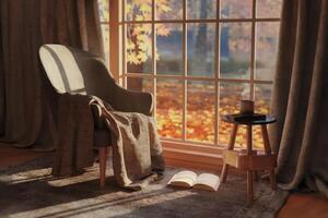 Cozy autumn reading nook with an armchair, blanket, and steaming coffee. photo