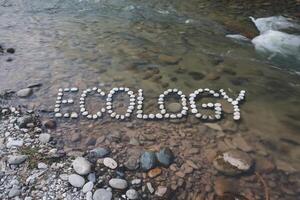 Riverbank spelling 'ECOLOGY' using white stones in flowing water. photo