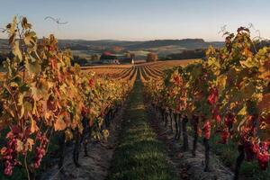 Scenic vineyard with rows of grapevines in the golden light of sunset. photo
