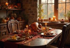 Cozy Thanksgiving dinner table setup with roasted turkey centerpiece. photo